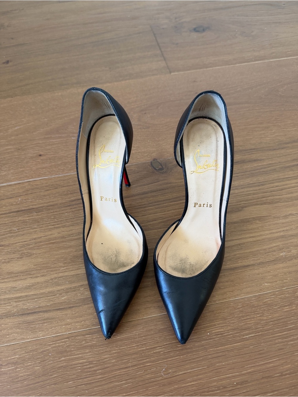 Christian Louboutin Black Leather Pointed Toe Pumps with Signature Red Sole